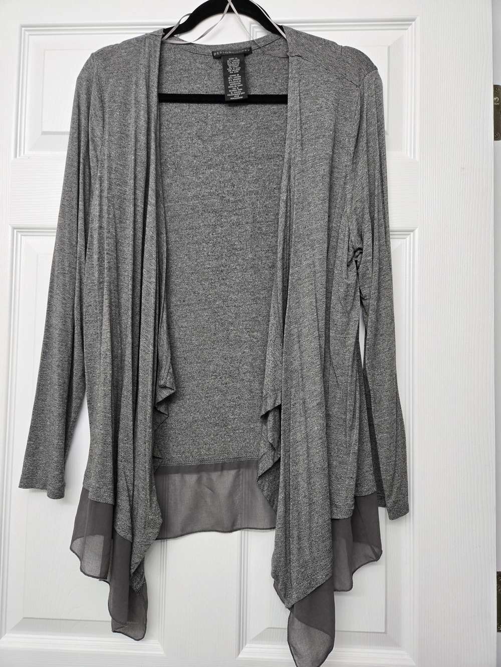 Design History Gray Draped Open-Front Cardigan with Chiffon Hem